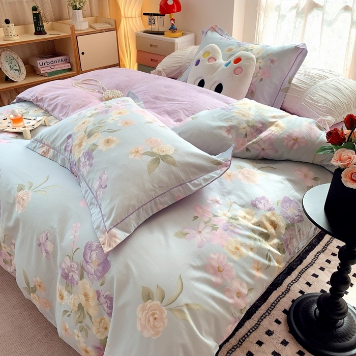 91家纺网 家纺一手货源 找家纺 莱豫家纺 2025新款亲肤舒适小清新印花全棉四件套第六批 花仙紫