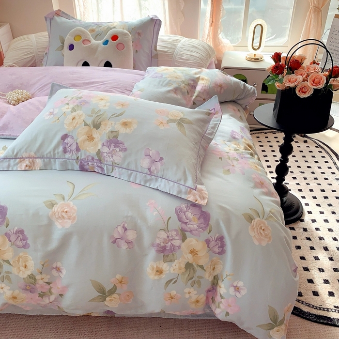 91家纺网 家纺一手货源 找家纺 莱豫家纺 2025新款亲肤舒适小清新印花全棉四件套第六批 花仙紫