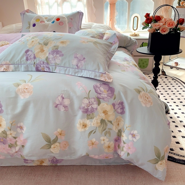 91家纺网 家纺一手货源 找家纺 莱豫家纺 2025新款亲肤舒适小清新印花全棉四件套第六批 花仙紫