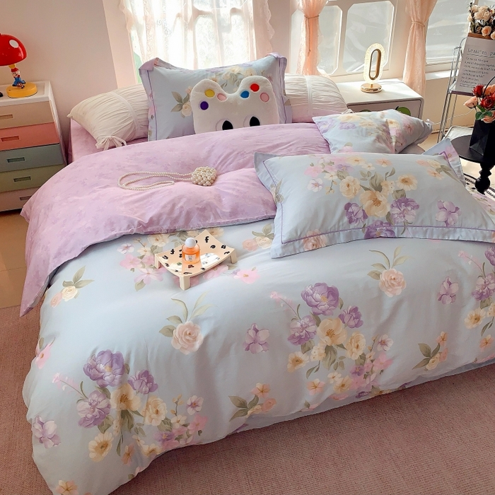 91家纺网 家纺一手货源 找家纺 莱豫家纺 2025新款亲肤舒适小清新印花全棉四件套第六批 花仙紫