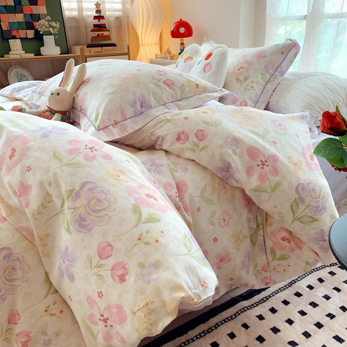 91家纺网 家纺一手货源 找家纺 莱豫家纺 2025新款亲肤舒适小清新印花全棉四件套第六批 花姿漫语