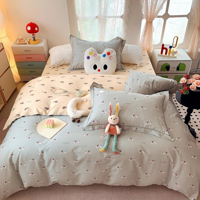 91家纺网 家纺一手货源 找家纺 莱豫家纺 2025新款亲肤舒适小清新印花全棉四件套第六批 腊肠狗