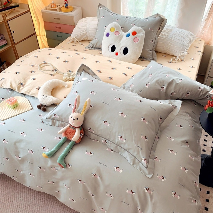 91家纺网 家纺一手货源 找家纺 莱豫家纺 2025新款亲肤舒适小清新印花全棉四件套第六批 腊肠狗