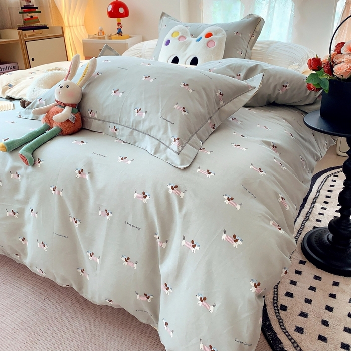 91家纺网 家纺一手货源 找家纺 莱豫家纺 2025新款亲肤舒适小清新印花全棉四件套第六批 腊肠狗