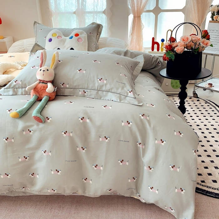 91家纺网 家纺一手货源 找家纺 莱豫家纺 2025新款亲肤舒适小清新印花全棉四件套第六批 腊肠狗