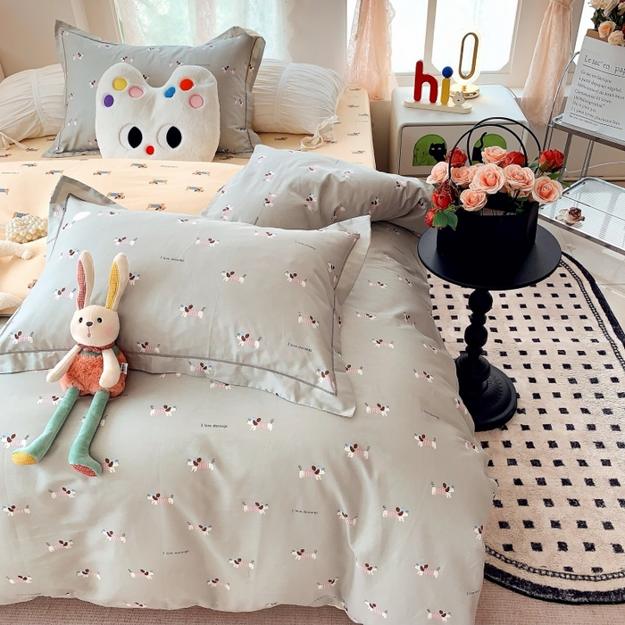 91家纺网 家纺一手货源 找家纺 莱豫家纺 2025新款亲肤舒适小清新印花全棉四件套第六批 腊肠狗