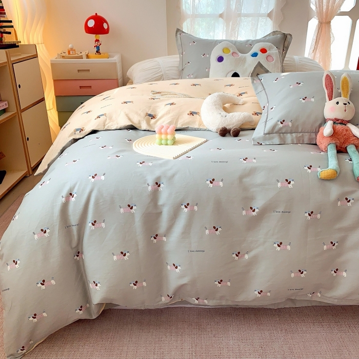 91家纺网 家纺一手货源 找家纺 莱豫家纺 2025新款亲肤舒适小清新印花全棉四件套第六批 腊肠狗