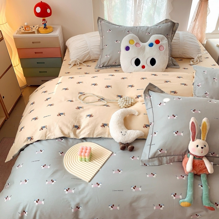 91家纺网 家纺一手货源 找家纺 莱豫家纺 2025新款亲肤舒适小清新印花全棉四件套第六批 腊肠狗