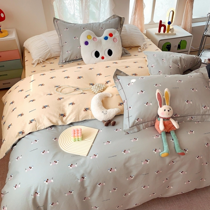 91家纺网 家纺一手货源 找家纺 莱豫家纺 2025新款亲肤舒适小清新印花全棉四件套第六批 腊肠狗