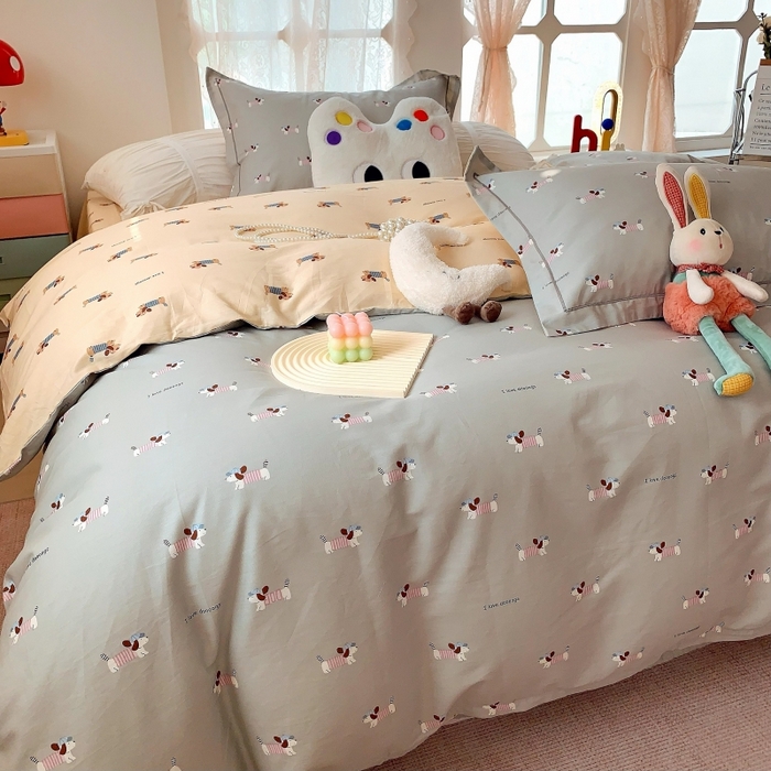 91家纺网 家纺一手货源 找家纺 莱豫家纺 2025新款亲肤舒适小清新印花全棉四件套第六批 腊肠狗