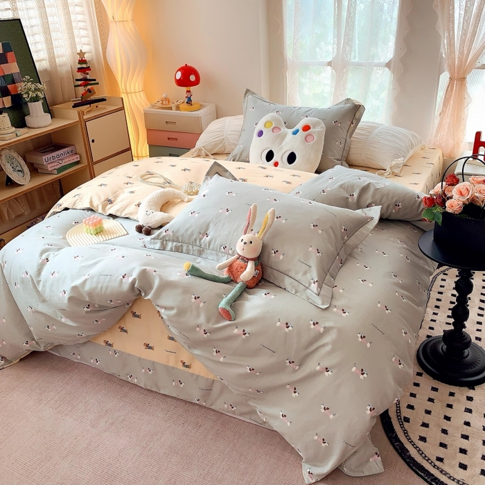 91家纺网 家纺一手货源 找家纺 莱豫家纺 2025新款亲肤舒适小清新印花全棉四件套第六批 腊肠狗