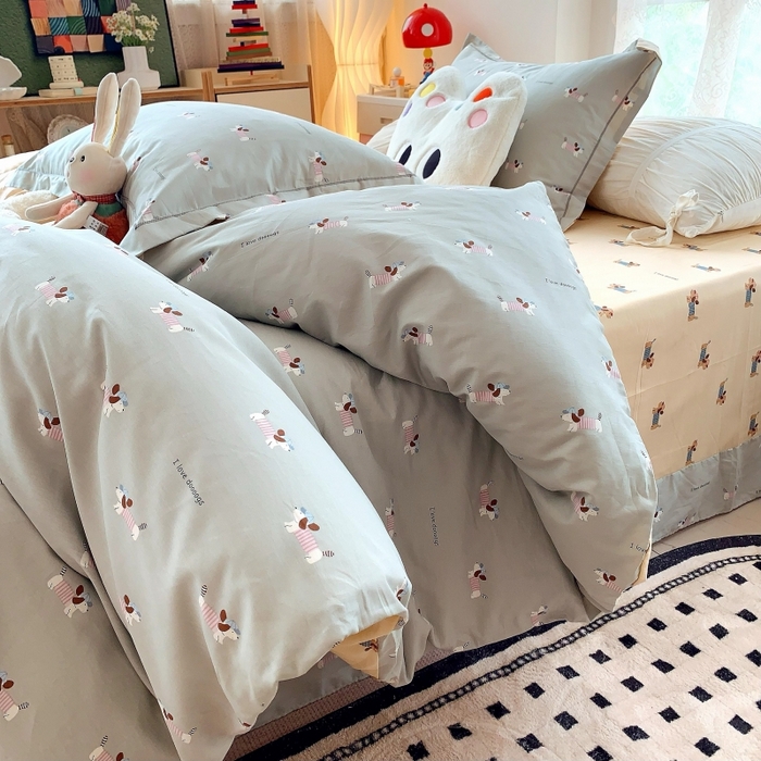 91家纺网 家纺一手货源 找家纺 莱豫家纺 2025新款亲肤舒适小清新印花全棉四件套第六批 腊肠狗