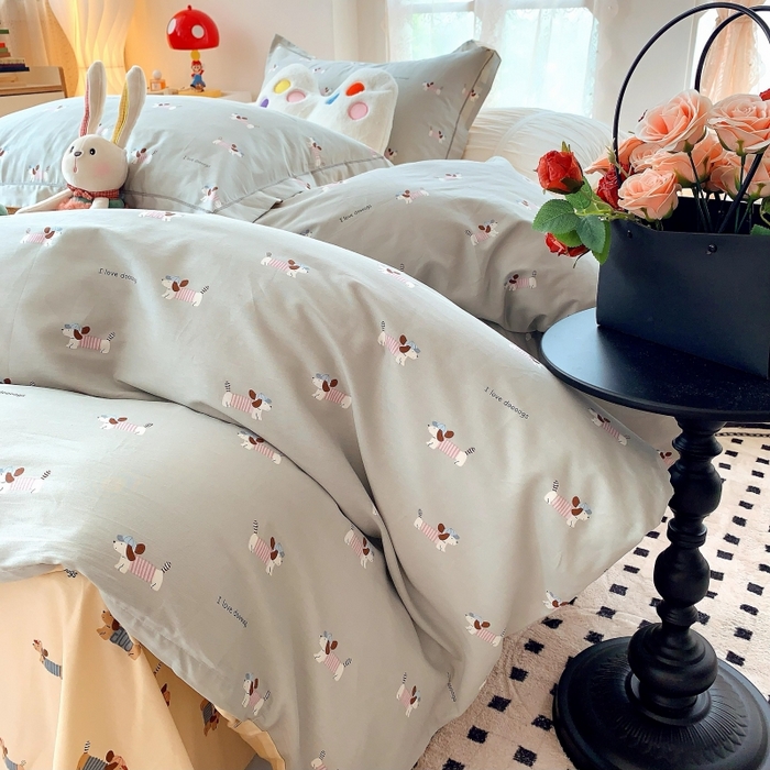 91家纺网 家纺一手货源 找家纺 莱豫家纺 2025新款亲肤舒适小清新印花全棉四件套第六批 腊肠狗