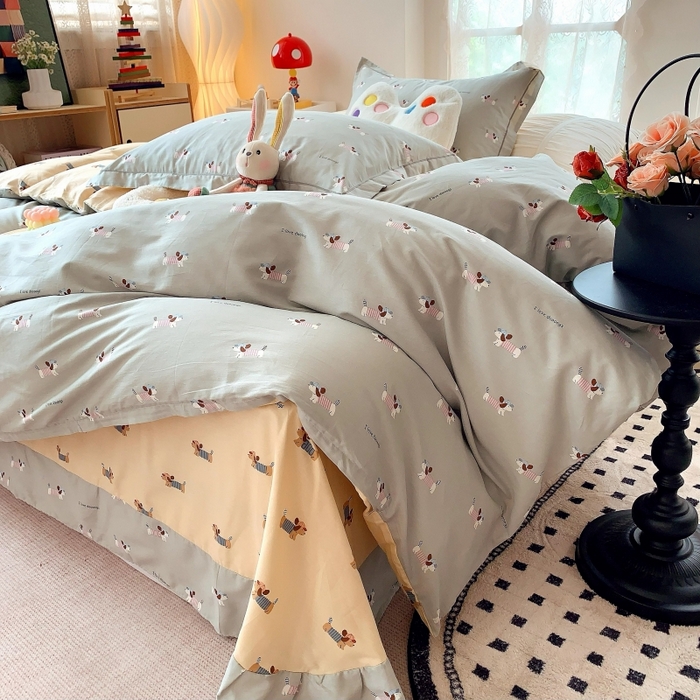 91家纺网 家纺一手货源 找家纺 莱豫家纺 2025新款亲肤舒适小清新印花全棉四件套第六批 腊肠狗