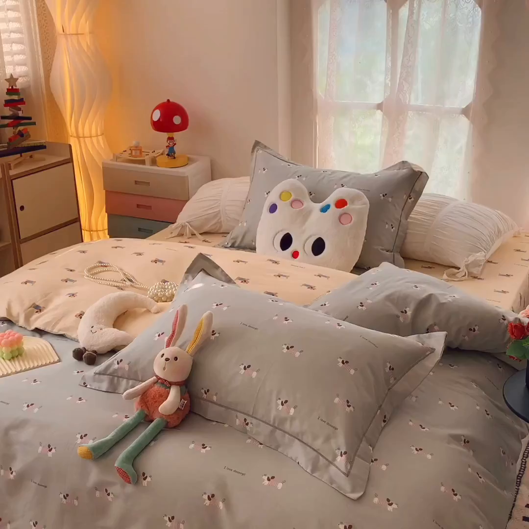 91家纺网 家纺一手货源 找家纺 莱豫家纺 2025新款亲肤舒适小清新印花全棉四件套第六批 腊肠狗