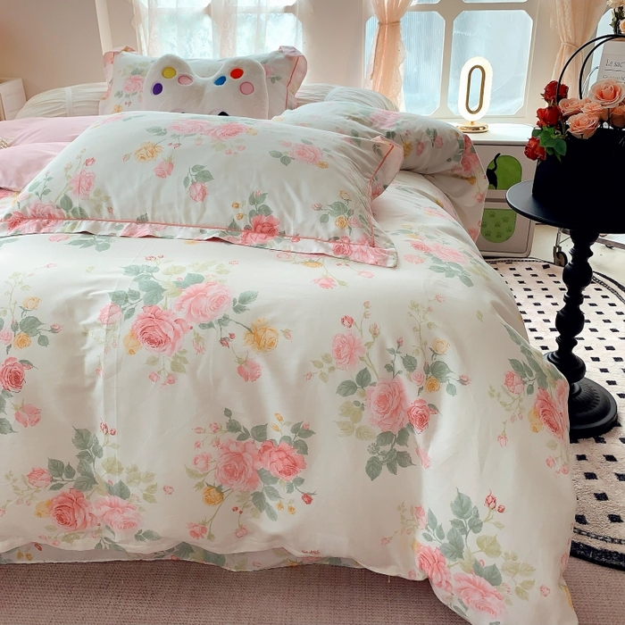 91家纺网 家纺一手货源 找家纺 莱豫家纺 2025新款亲肤舒适小清新印花全棉四件套第六批 向云端粉