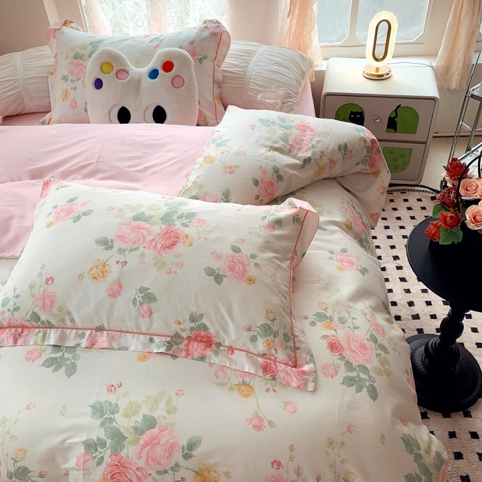 91家纺网 家纺一手货源 找家纺 莱豫家纺 2025新款亲肤舒适小清新印花全棉四件套第六批 向云端粉