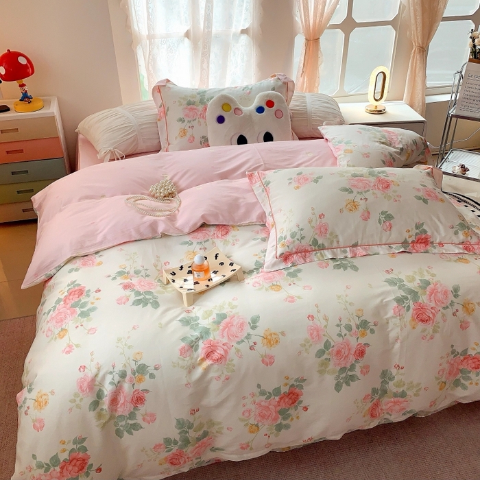 91家纺网 家纺一手货源 找家纺 莱豫家纺 2025新款亲肤舒适小清新印花全棉四件套第六批 向云端粉