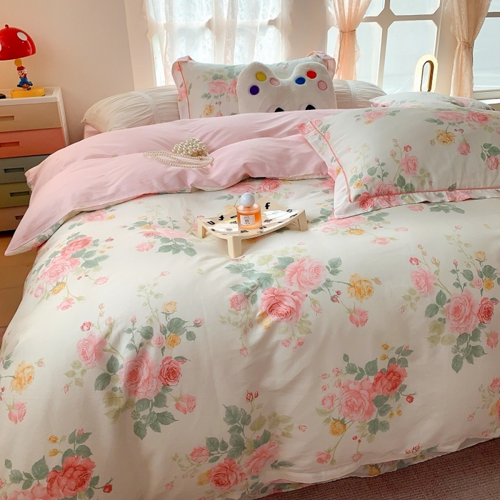 91家纺网 家纺一手货源 找家纺 莱豫家纺 2025新款亲肤舒适小清新印花全棉四件套第六批 向云端粉