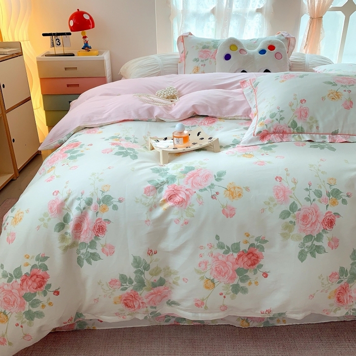 91家纺网 家纺一手货源 找家纺 莱豫家纺 2025新款亲肤舒适小清新印花全棉四件套第六批 向云端粉