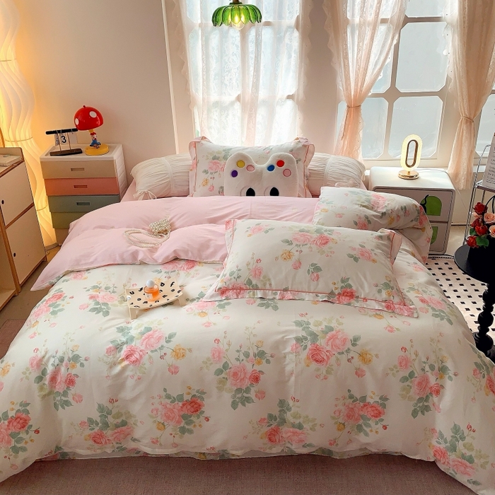 91家纺网 家纺一手货源 找家纺 莱豫家纺 2025新款亲肤舒适小清新印花全棉四件套第六批 向云端粉