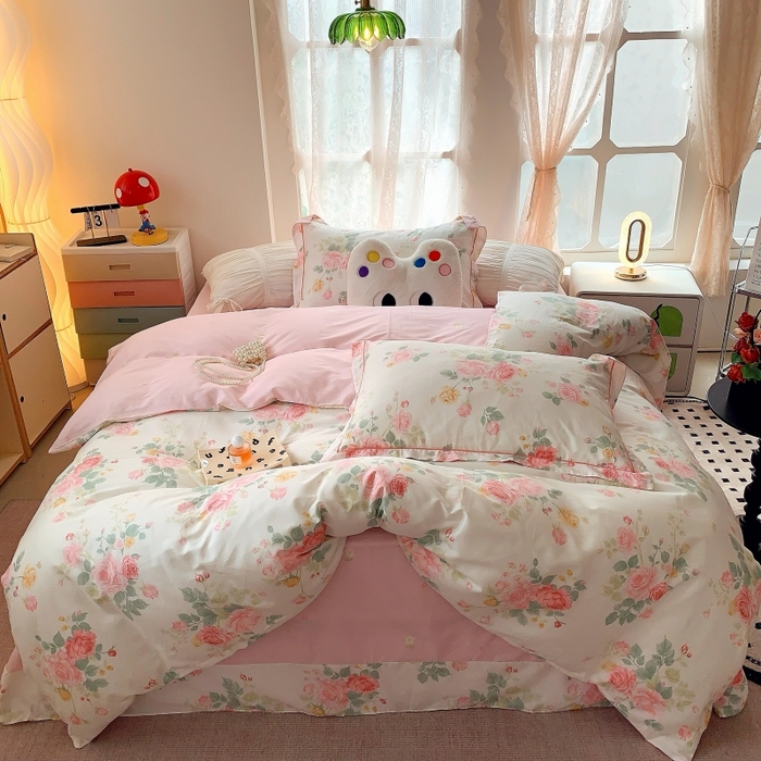 91家纺网 家纺一手货源 找家纺 莱豫家纺 2025新款亲肤舒适小清新印花全棉四件套第六批 向云端粉