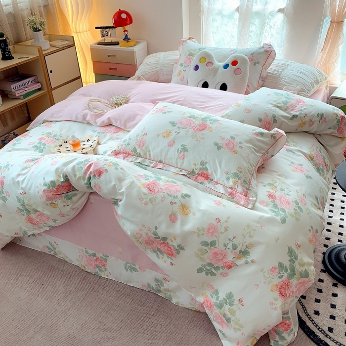 91家纺网 家纺一手货源 找家纺 莱豫家纺 2025新款亲肤舒适小清新印花全棉四件套第六批 向云端粉