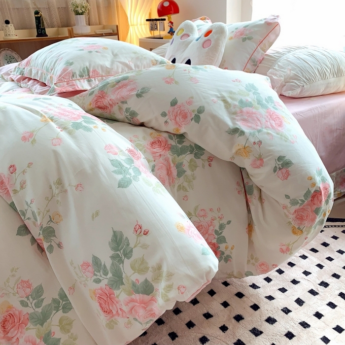 91家纺网 家纺一手货源 找家纺 莱豫家纺 2025新款亲肤舒适小清新印花全棉四件套第六批 向云端粉