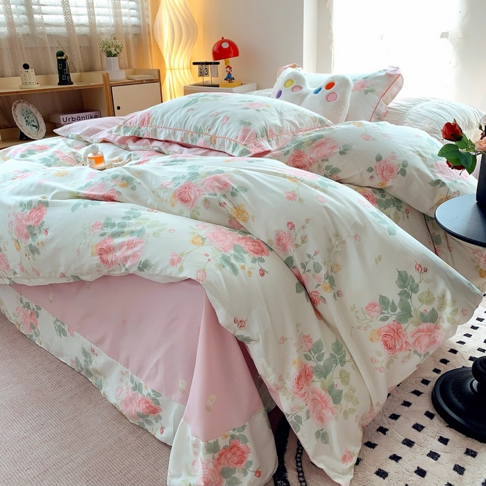 91家纺网 家纺一手货源 找家纺 莱豫家纺 2025新款亲肤舒适小清新印花全棉四件套第六批 向云端粉