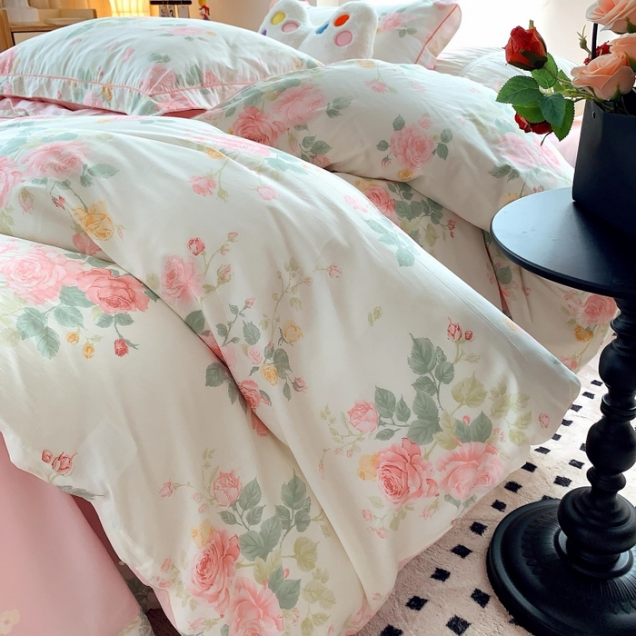 91家纺网 家纺一手货源 找家纺 莱豫家纺 2025新款亲肤舒适小清新印花全棉四件套第六批 向云端粉