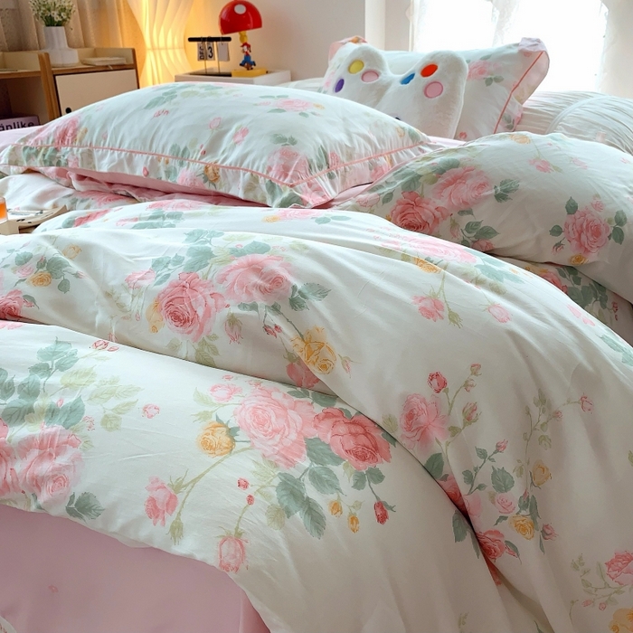 91家纺网 家纺一手货源 找家纺 莱豫家纺 2025新款亲肤舒适小清新印花全棉四件套第六批 向云端粉