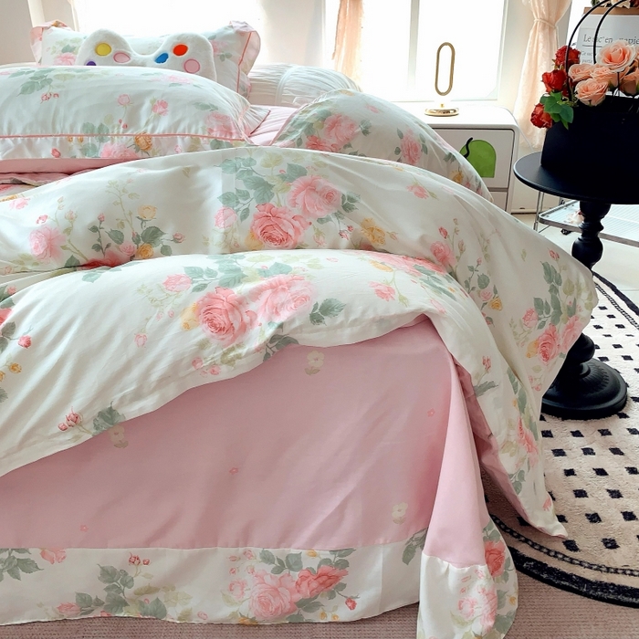 91家纺网 家纺一手货源 找家纺 莱豫家纺 2025新款亲肤舒适小清新印花全棉四件套第六批 向云端粉