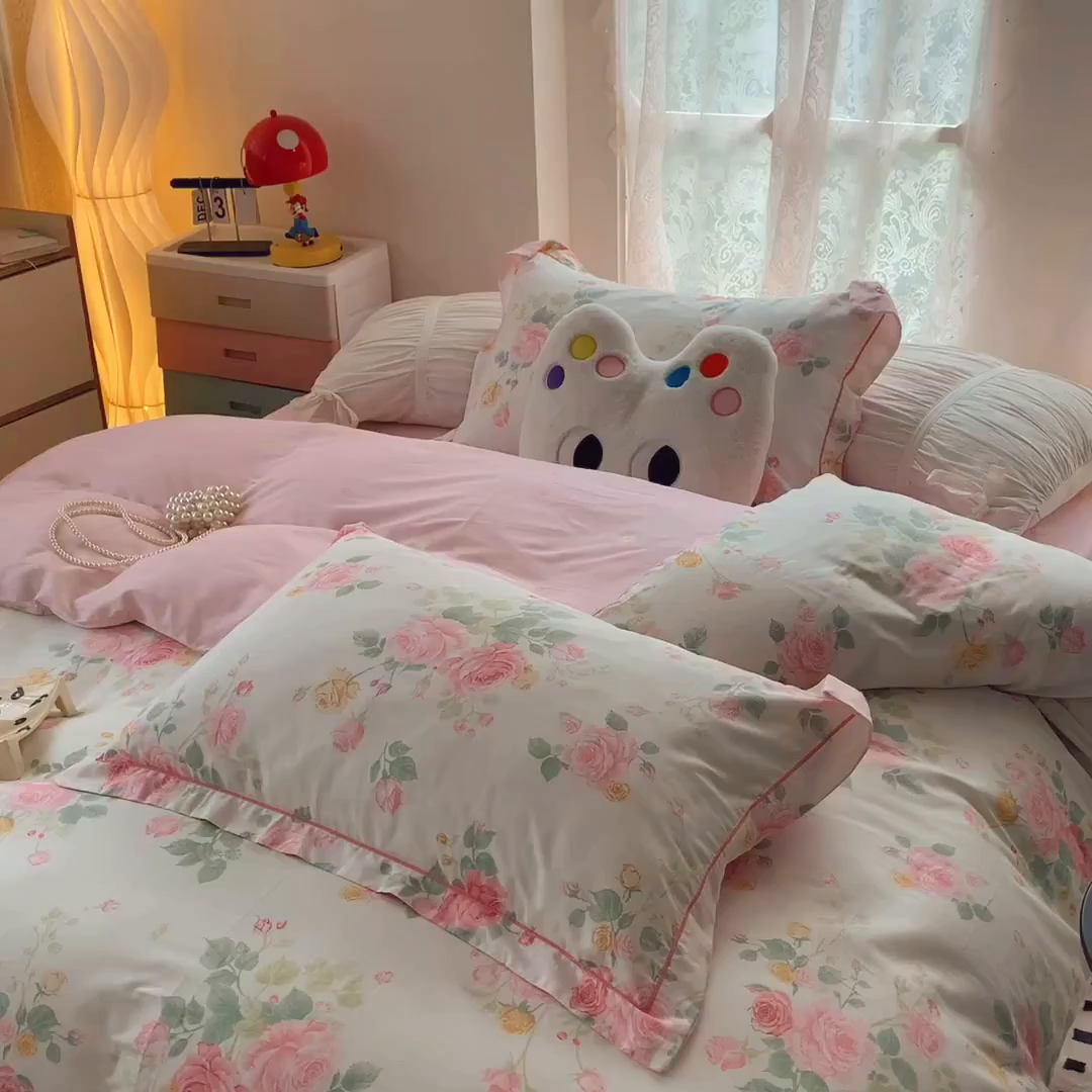 91家纺网 家纺一手货源 找家纺 莱豫家纺 2025新款亲肤舒适小清新印花全棉四件套第六批 向云端粉