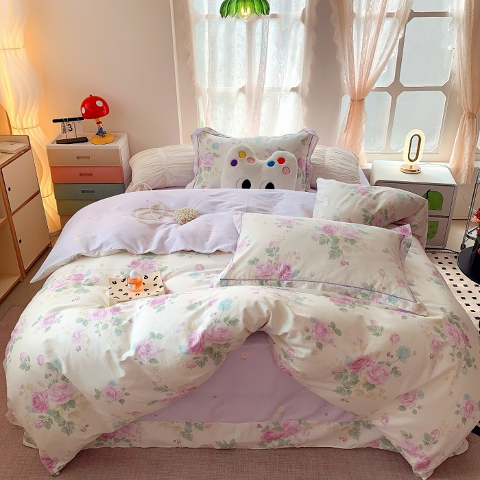 91家纺网 家纺一手货源 找家纺 莱豫家纺 2025新款亲肤舒适小清新印花全棉四件套第六批 向云端紫