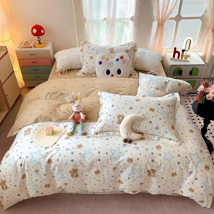 91家纺网 家纺一手货源 找家纺 莱豫家纺 2025新款亲肤舒适小清新印花全棉四件套第六批 星空小熊