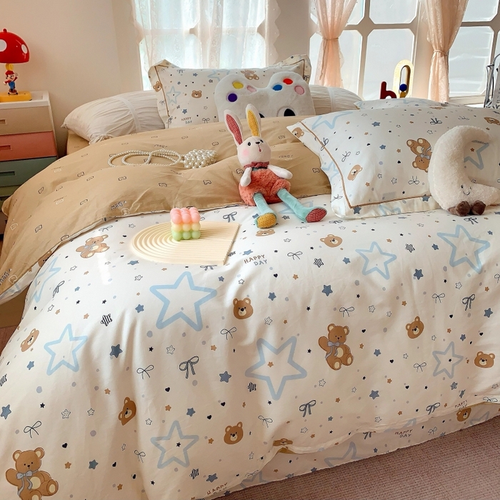 91家纺网 家纺一手货源 找家纺 莱豫家纺 2025新款亲肤舒适小清新印花全棉四件套第六批 星空小熊