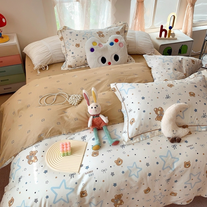 91家纺网 家纺一手货源 找家纺 莱豫家纺 2025新款亲肤舒适小清新印花全棉四件套第六批 星空小熊