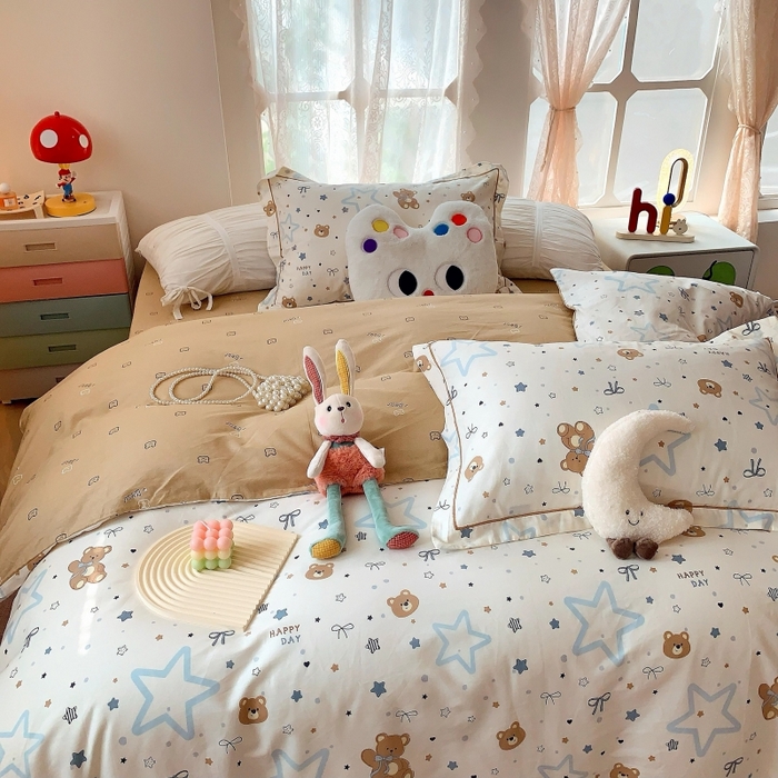 91家纺网 家纺一手货源 找家纺 莱豫家纺 2025新款亲肤舒适小清新印花全棉四件套第六批 星空小熊