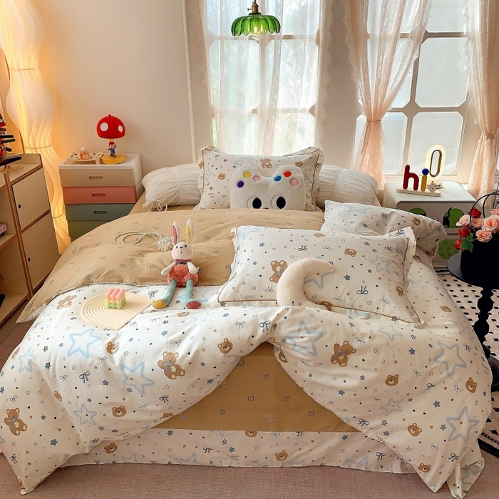 91家纺网 家纺一手货源 找家纺 莱豫家纺 2025新款亲肤舒适小清新印花全棉四件套第六批 星空小熊