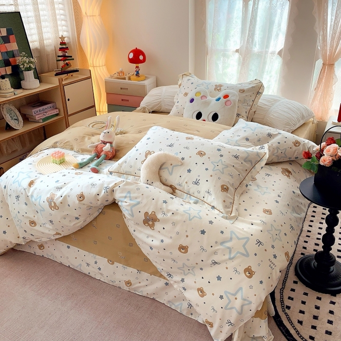 91家纺网 家纺一手货源 找家纺 莱豫家纺 2025新款亲肤舒适小清新印花全棉四件套第六批 星空小熊