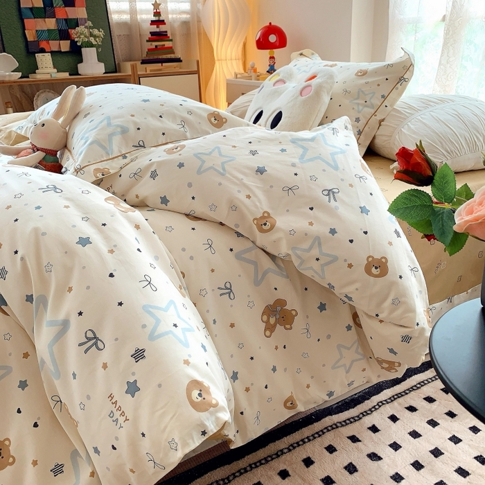 91家纺网 家纺一手货源 找家纺 莱豫家纺 2025新款亲肤舒适小清新印花全棉四件套第六批 星空小熊