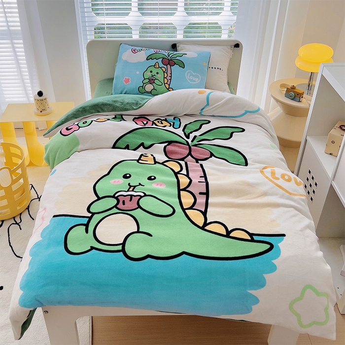 嗨生活 2025新款牛奶绒数码印花原创大版卡通幼儿园套件幼儿园三件套 卡通小恐龙