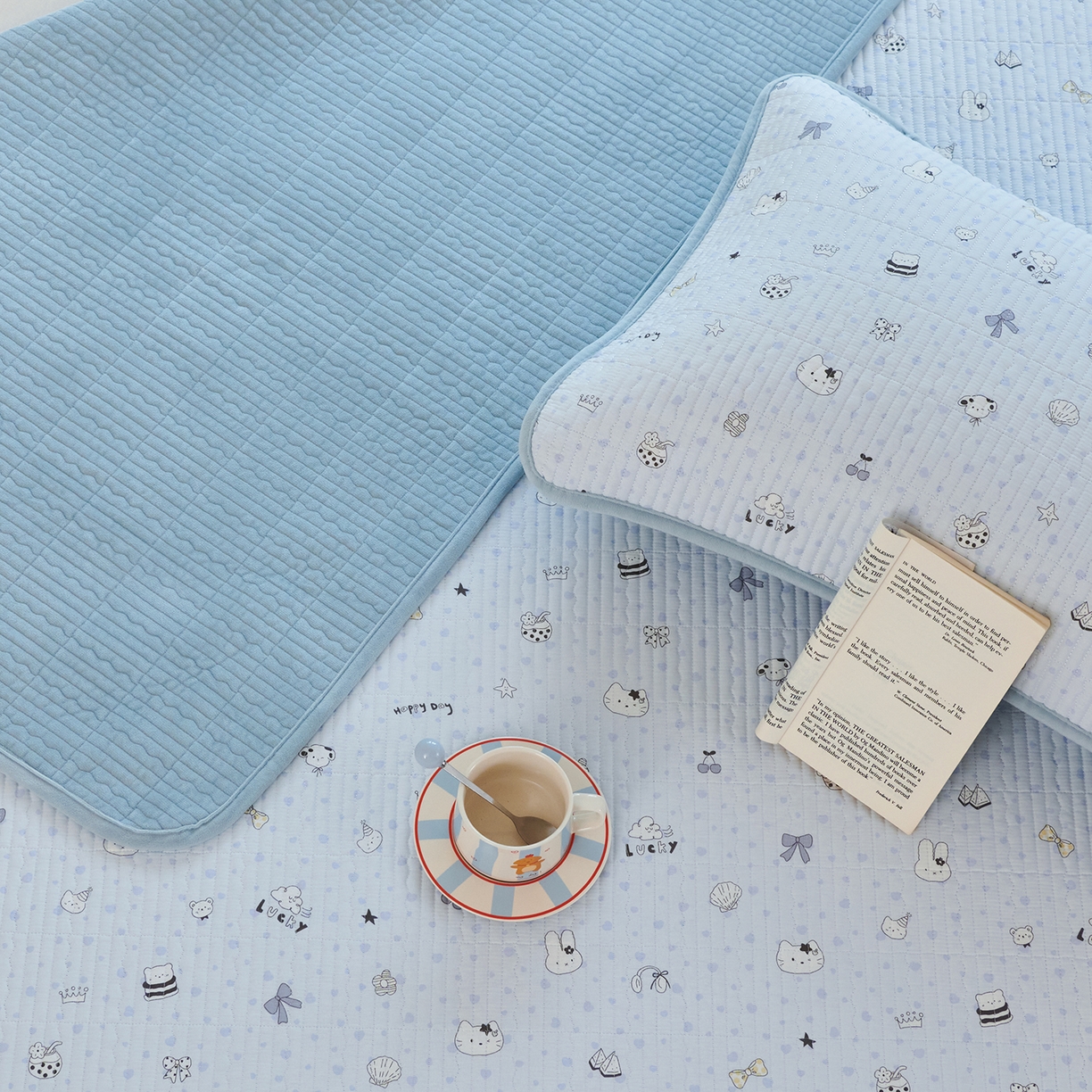 91家纺网 家纺一手货源 找家纺 缔锦家纺 2025新款高克重全棉柔软绒床盖三件套 薄荷小猫