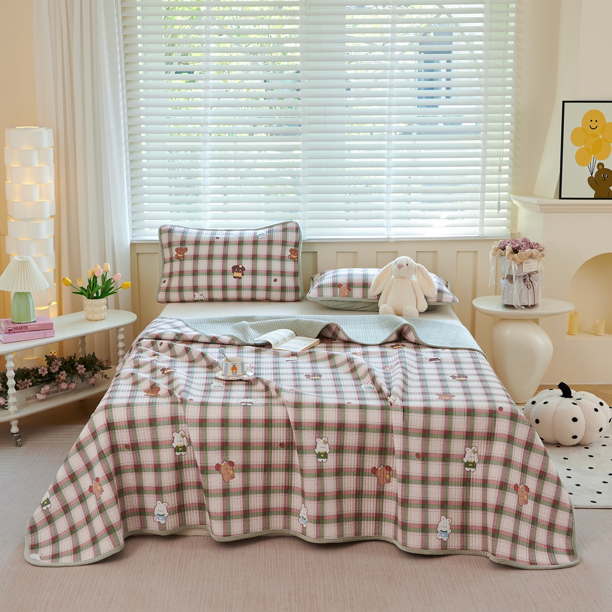 缔锦家纺 2025新款高克重全棉柔软绒床盖三件套 奶芙兔兔