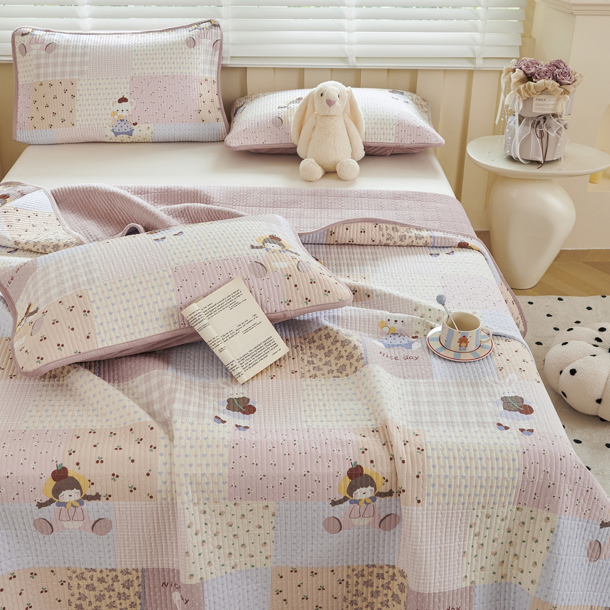 91家纺网 家纺一手货源 找家纺 缔锦家纺 2025新款高克重全棉柔软绒床盖三件套 少女日记