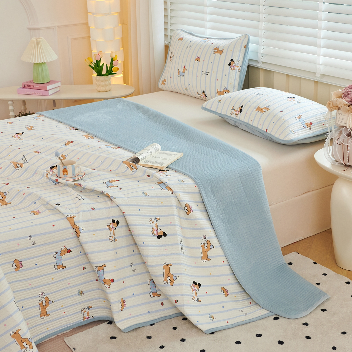 91家纺网 家纺一手货源 找家纺 缔锦家纺 2025新款高克重全棉柔软绒床盖三件套 汪汪派对