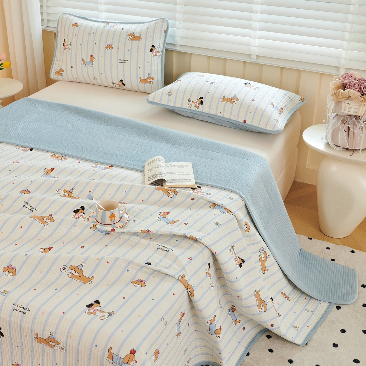 91家纺网 家纺一手货源 找家纺 缔锦家纺 2025新款高克重全棉柔软绒床盖三件套 汪汪派对