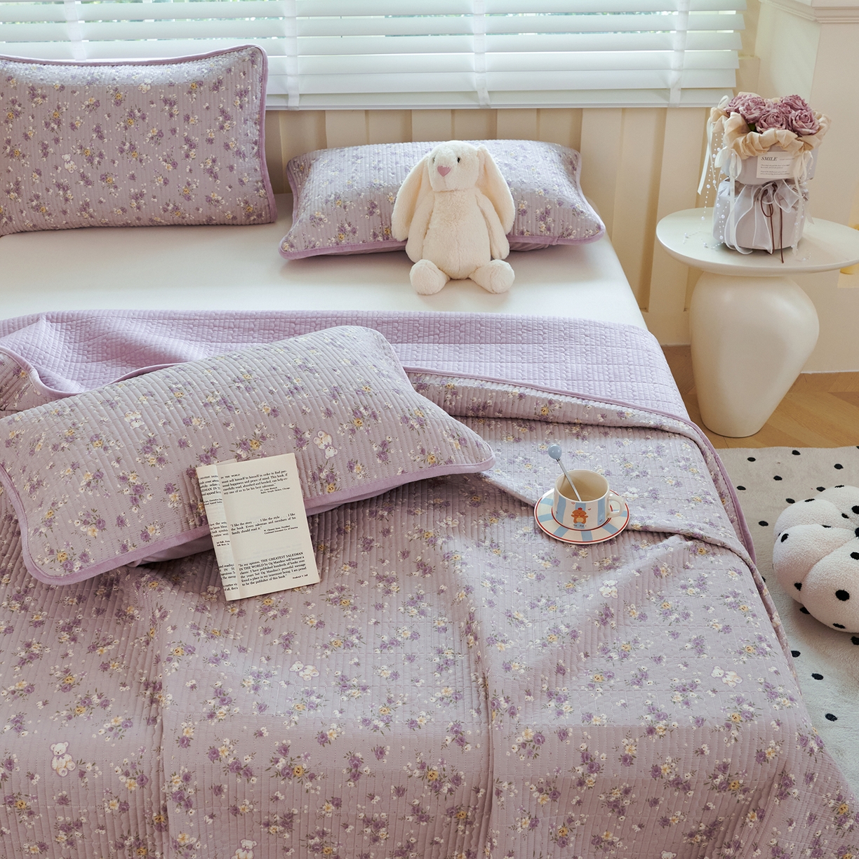 91家纺网 家纺一手货源 找家纺 缔锦家纺 2025新款高克重全棉柔软绒床盖三件套 紫蔓