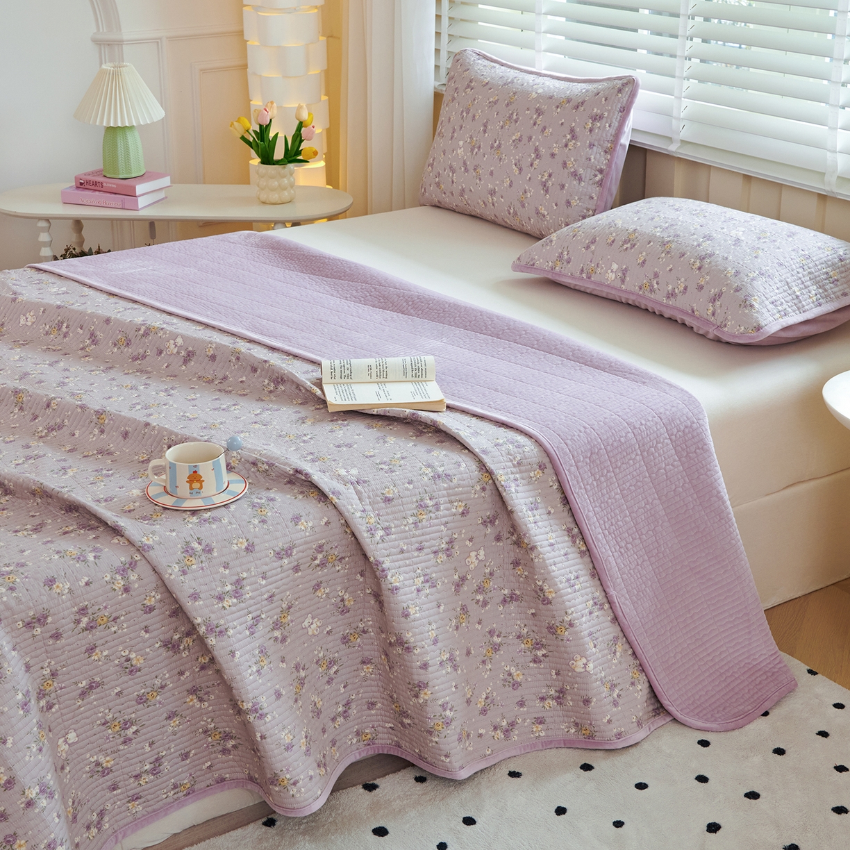 91家纺网 家纺一手货源 找家纺 缔锦家纺 2025新款高克重全棉柔软绒床盖三件套 紫蔓