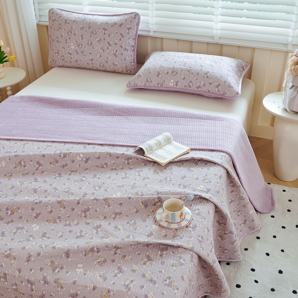 91家纺网 家纺一手货源 找家纺 缔锦家纺 2025新款高克重全棉柔软绒床盖三件套 紫蔓